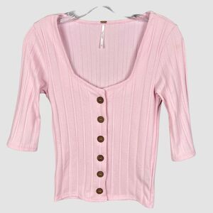 Free People Pink Ribbed Button Front Top Size S 3/4 Sleeve Stretch